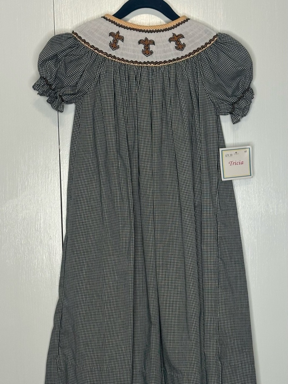 Fleur de Lis Black & White Gingham Smocked Girls Dress